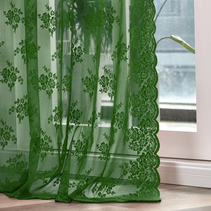 Kotile Emerald Green Floral Lace Curtains - Image 6