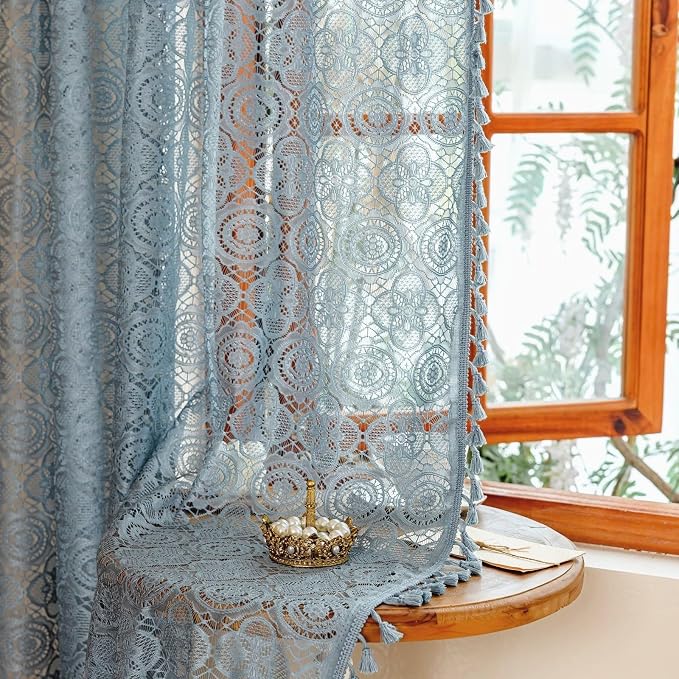 YJ YANJUN Boho Lace Curtains, 59x63 inch, Dusty Blue Sheer Window Panels | Soft - Image 2