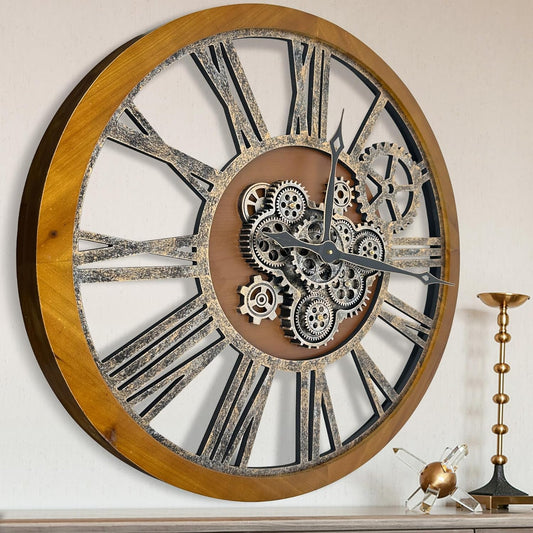 The B-Style Large Real Moving Gears Wall Clock 30 inch Rustic Retro Industrial Farmhouse Wood Clock Oversized Decorative Vintage Wall Clocks for Living Room (Drak Brown and Bronze)
