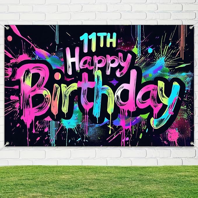 HOMETITUTE Graffiti 11th Happy Birthday Banner 71x43 Inch Neon Party | Glow in - Image 4