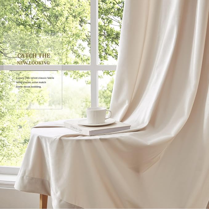 Luxury Cream Iovry Velvet 108 inch Curtains 2 Panels, Floor to Ceiling | - Image 6