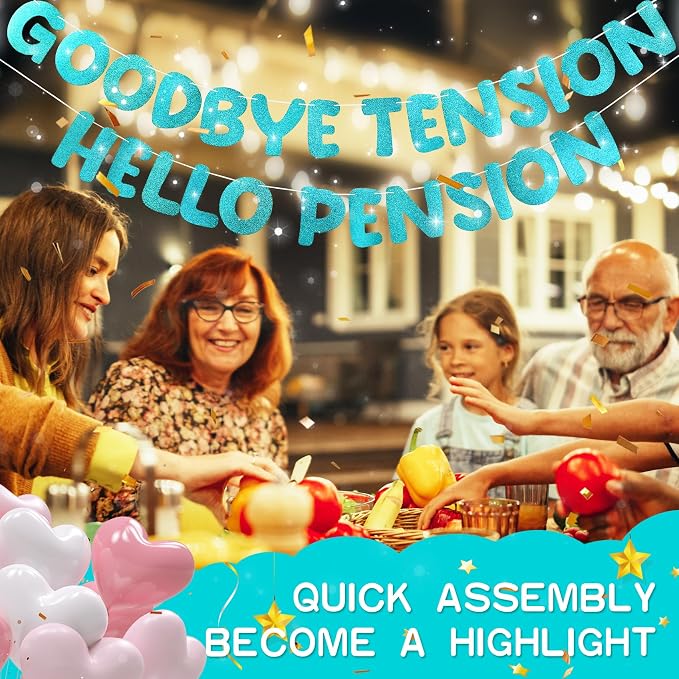 Retirement Banner Pre-Strung GOODBYE TENSION HELLO PENSION Banner Glitter - Image 7