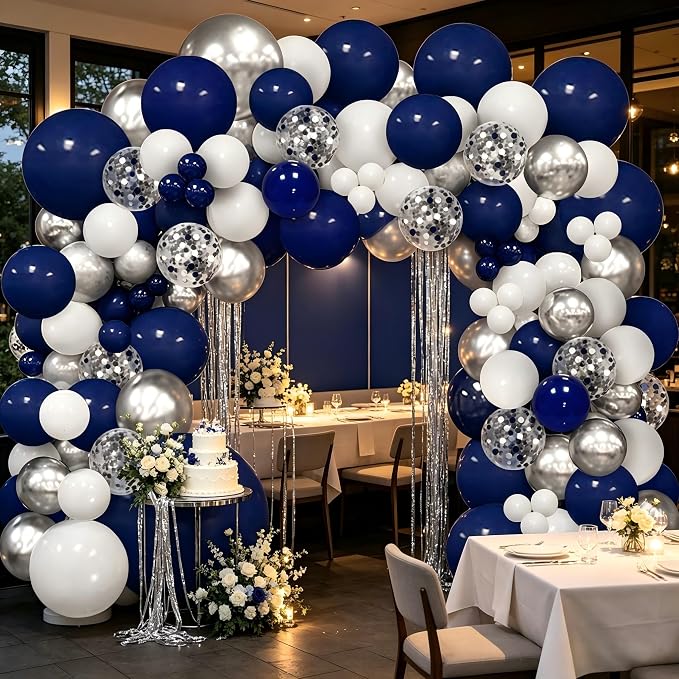 148pcs Navy Blue Silver White Balloon Arch Kit by Apartyproviderbyyourside