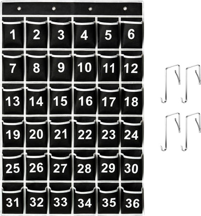 36 Pockets Black Numbered Classroom Pocket Chart for Cell Phones, Hanging Pocket Chart Storage for Classroom Phone Calculator Holder with 4 Hooks (Black-36pockets)