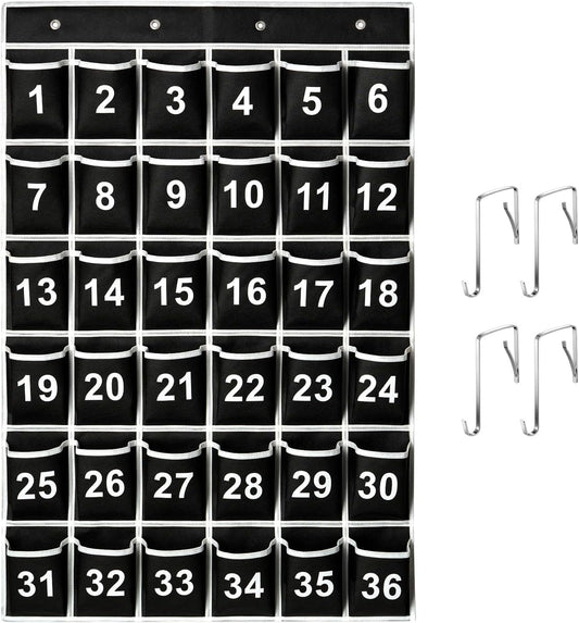 36 Pockets Black Numbered Classroom Pocket Chart for Cell Phones, Hanging Pocket Chart Storage for Classroom Phone Calculator Holder with 4 Hooks (Black-36pockets)