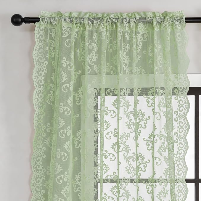 Sage Green Lace Curtains 72 Inches Long 2 Panels Country Vintage Sheer Lace - Image 3