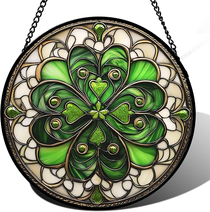 DASTOLL Stained Glass Window Hanging St. Ripak Festival Green Lucky Clover 7.8" by DASTOLL