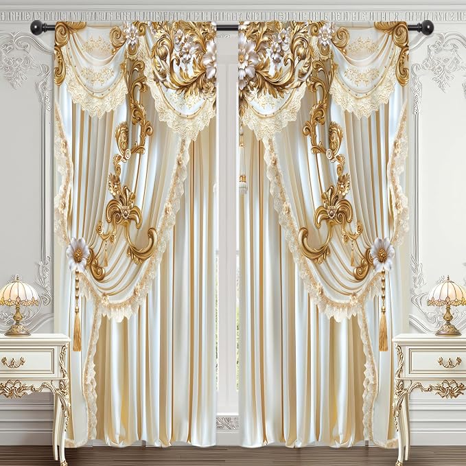 White Gold Vintage Elegant Luxury No Living Room Bedroom Window Curtains | 52"W by Riyidecor