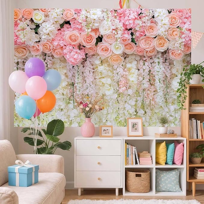 6x6ft Pink Rose Flower Wedding Photography Backdrop Spring Floral Photography Backdrop Valentine's Day Mother's Day Girl Birthday Baby Shower Wedding Bridal Party Banner Photo Booth Props Background