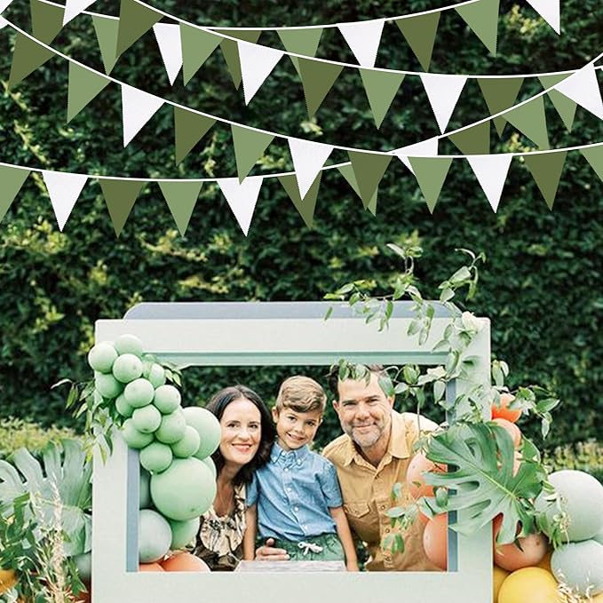 32Ft Olive Green Party Decorations Sage Green Triangle Flag Fabric Banner Pennant Garland Streamers for Birthday Wedding Woodland Baby Shower Jungle Safari Summer Golf Outdoor Party Decor