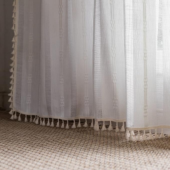 Boho Curtains for Bedroom Embroidery Striped Farmhouse Curtains 63 Inch Length - Image 4