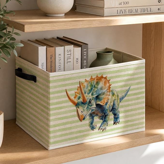 Dinosaur Nursery Green Striped Storage Basket - Image 3