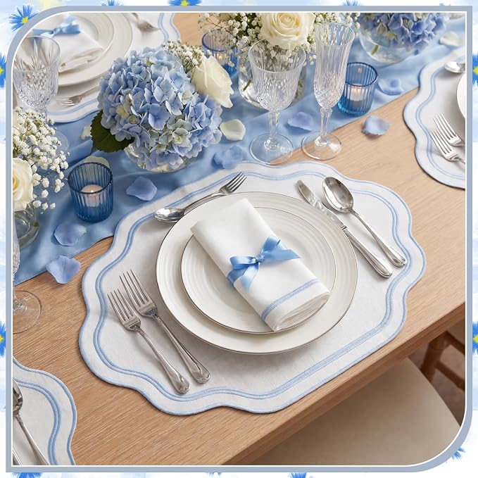 6Pcs Blue Cotton Wedding Placemats Scalloped Embroidered Placemats 17" x 13" - Image 4