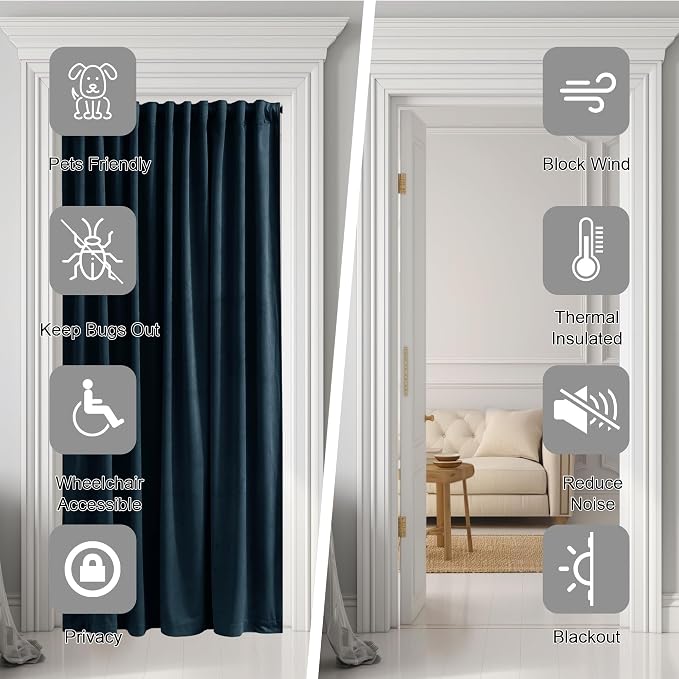 Navy Blue Doorway Curtain 80 inches Long Super Soft Velvet Thermal Insulated - Image 4