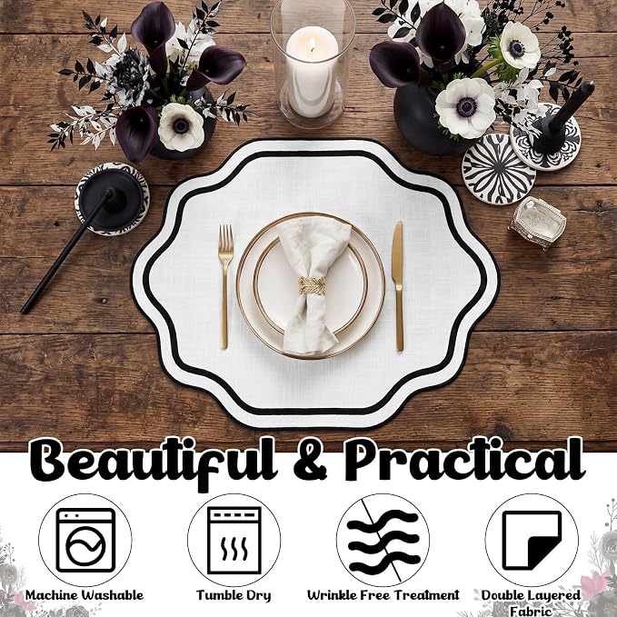 6 Pcs Black and White Wedding Placemats Scalloped Embroidered Cotton Linen - Image 3