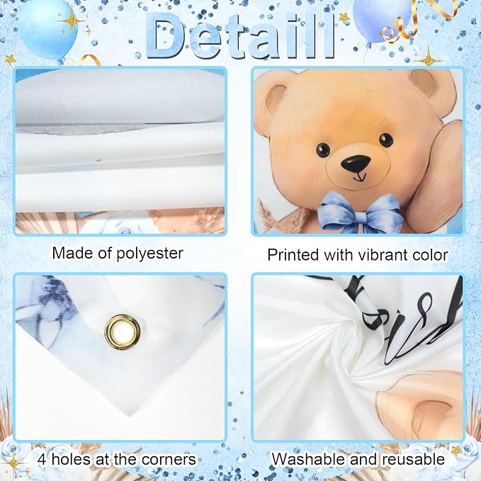 Blue Bear Baby Shower Backdrop 6x3.6 ft We Can Bearly Wait Banner - Image 6