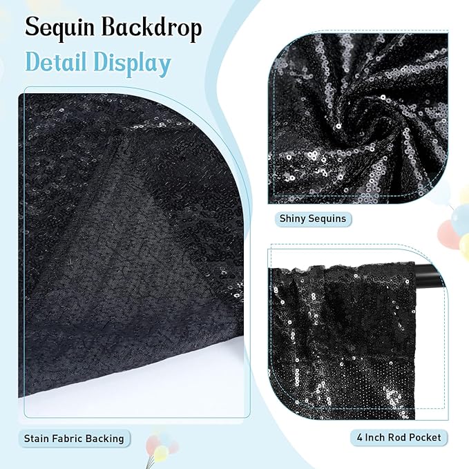 SquarePie Sequin BackdropLess See Through Thick Background Glitter Curtain for Halloween Party 6FT x 8FT Black