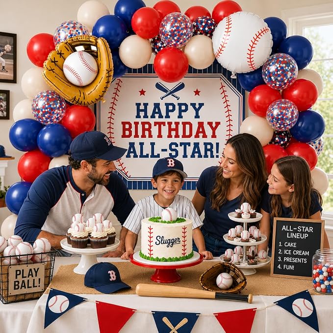 Baseball Balloons, 12 Inch Navy Blue Red Balloons, Nude Red Blue Confetti Latex - Image 6