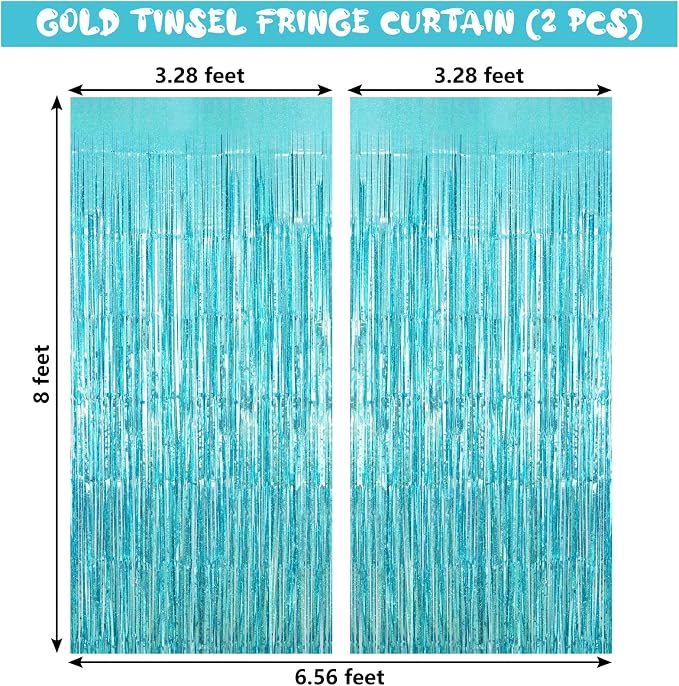 Blue Tinsel Foil Fringe Curtain Backdrop, 3.3 x 8.2 ft Metallic Glitter Curtain - Image 3