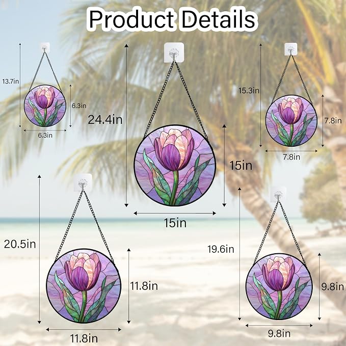 DASTOLL Stained Glass Window Hanging Purple Tulips Flower Large 15" - Image 6