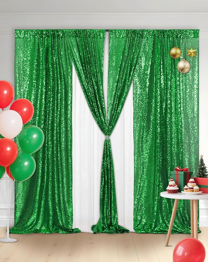 Eternal Beauty Green Sequin Backdrop Curtains, 4 Panels 2x8FT | 3mm Sparkle - Image 2