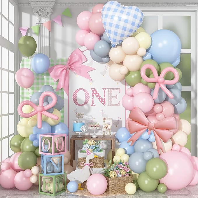 Goose Balloon Arch Kit Pastel Pink Blue Sage Green Balloons Garland Bow Gingham by Domgoge