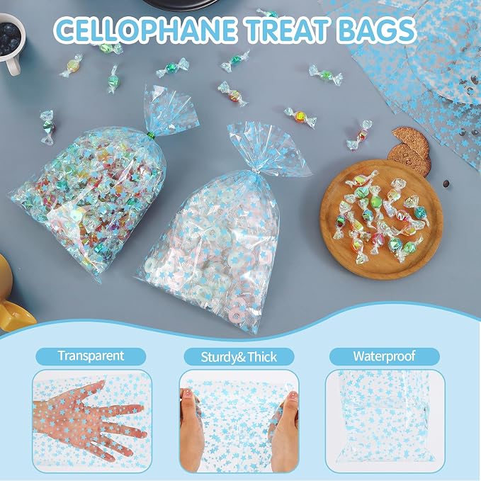 COQOFA 100 Pcs 7"X12" Blue Star Printed Clear Gift Cellophane Treat Bag Party - Image 4