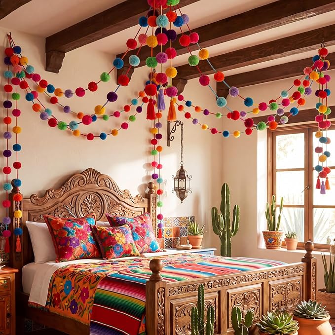 Jecery Yarn Pom Pom Tassel Garland Hanukkah Strand Rainbow Hanging Garland - Image 8