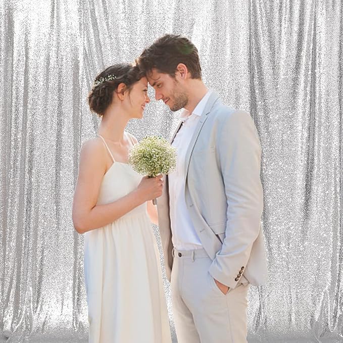 Poise3EHome Silver Sequin Backdrop Curtain, 10Ft x 10Ft Silver Glitter Backdrop - Image 3