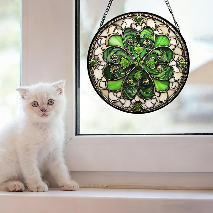 DASTOLL Stained Glass Window Hanging St. Ripak Festival Green Lucky Clover 6.3" - Image 2