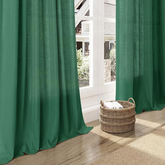 Dark Green Linen Curtains 102 Inches Long Rod Pocket Back Tab Drapes 2 Panels - Image 6