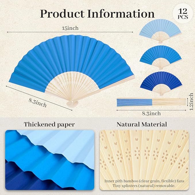 JOHOUSE 12 PCS Blue Paper Foldable Hand Fans, 8.3 Inch Handheld Portable | - Image 7