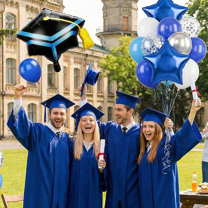 Blue Silver Graduation Balloons, Royal Light Blue Silver White Confetti Balloons - Image 6