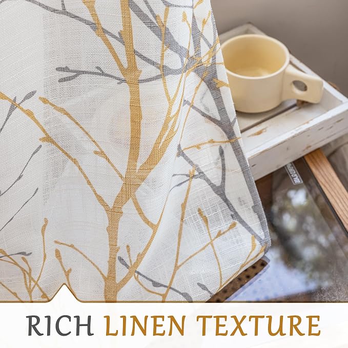 FMFUNCTEX Linen Yellow White Semi Sheer Print Curtains 84 Inch 2 Panels | Tree - Image 4
