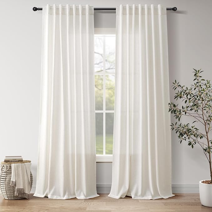 Natural Linen Curtains for Living Room 110 Inches Long Back Tab Light Filtering by Nanspring