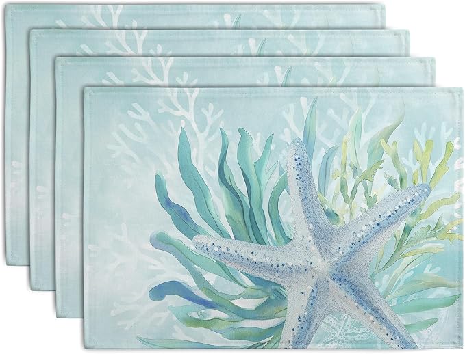 Nautical Coastal Placemats Set of 4 Ocean Coral Starfish Seagrass Beach Theme by Wnoesat