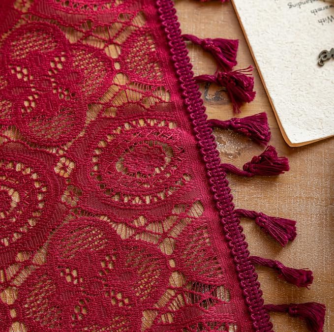 Burgundy Boho Lace Curtains, 59 X 84 inch, Wine Red Sheer Window Panels | - Image 6