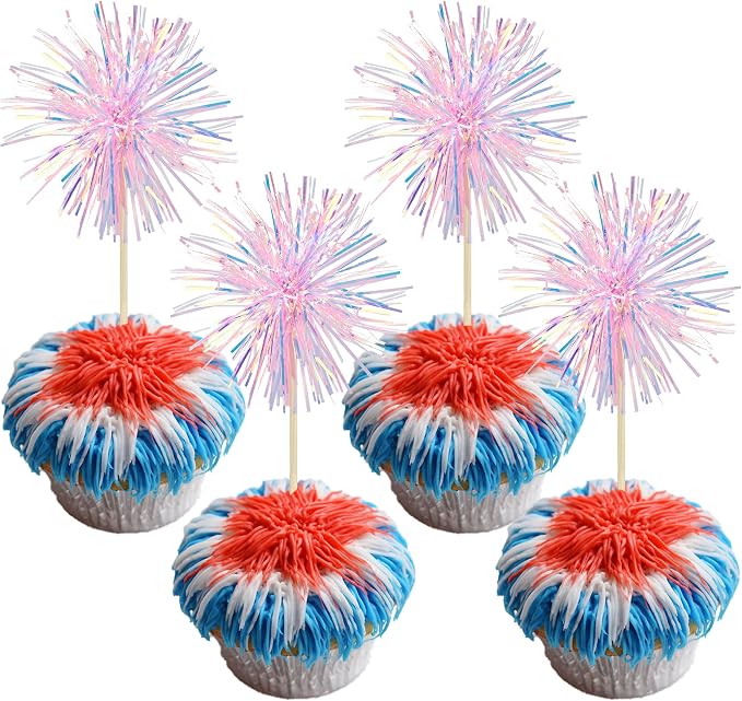 Gyufise 30Pcs Foil Firework Cupcake Toppers Sparkle Tinsel Cake Toppers Tinsel by Gyufise