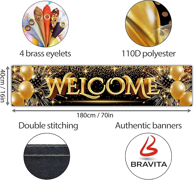 Welcome Banner - Black and Gold Welcome Home Decorations 6 x 1.3ft - Welcome - Image 2