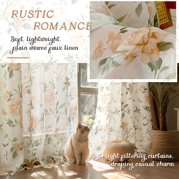 Sheer Curtains 45 Inch Length 2 Panels, Floral Patterned Linen Look Semi-Sheer - Image 4
