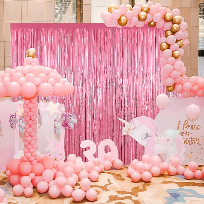 Pink Metallic Tinsel Foil Fringe Curtains, 2 Pack 3.3x8.3 Feet Party Streamer - Image 6