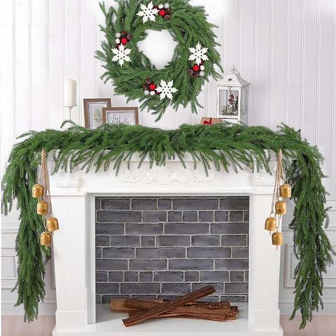 Hananona 2 Pcs 9 Ft Artificial Norfolk Pine Garlands, Real Touch Winter Pine Garland, Green Artificial Greenery Garland for Table, Mantle, Wall, Indoor, Outdoor Christmas Decorations (2, 9 Ft)