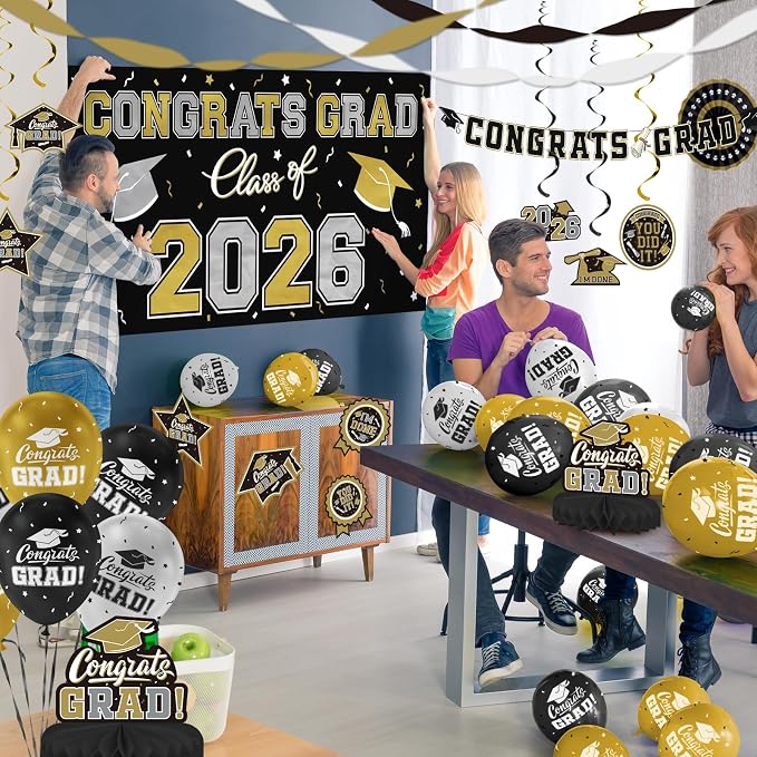 Black and Gold Themed 2026 Graduation Decorations Set - Image 4