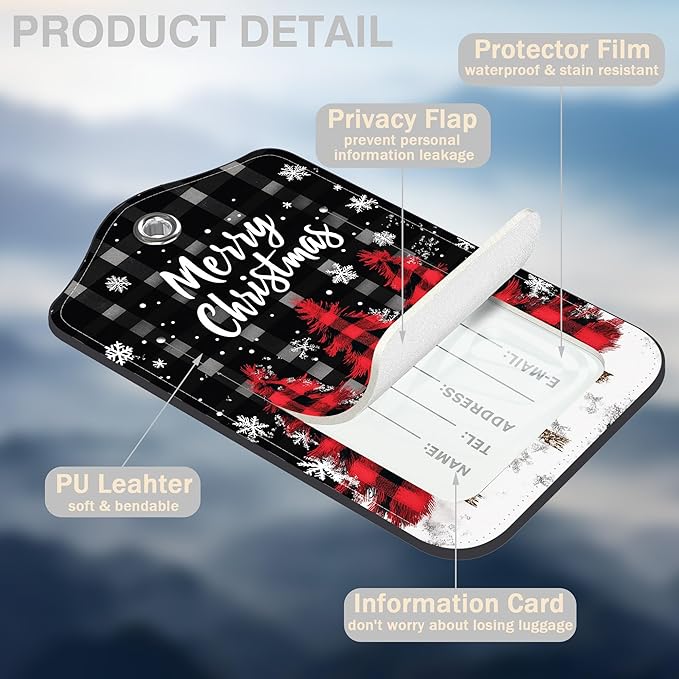 2 Pack Luggage Tags for Suitcases Red and Black Checkered Christmas Tree Leather Luggage Tags Privacy Cover ID Label with Stainless Steel Loop and Address Card for Women Men Travel Bag Backpack