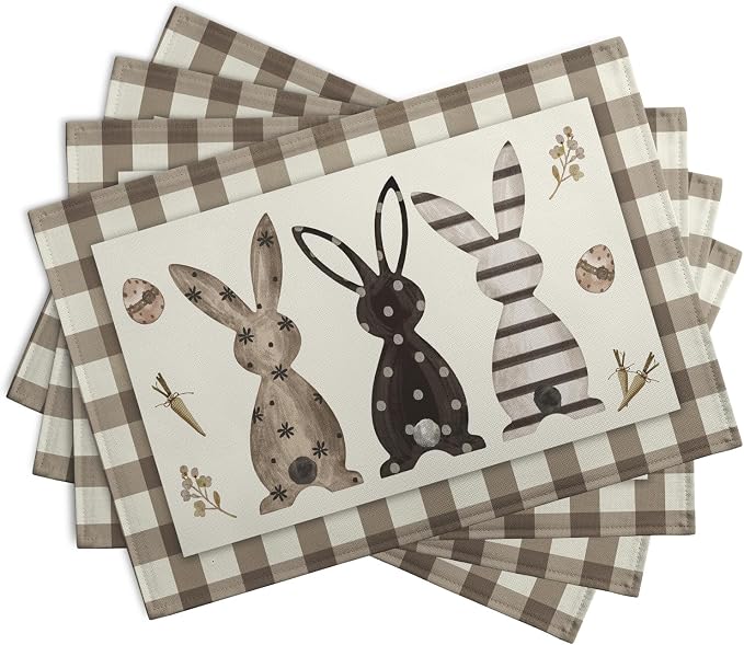 Easter Bunny Buffalo Plaid Placemats Set of 4 Rabbit Spring Egg Dining Table - Image 2