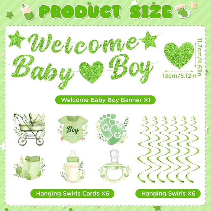 Green Baby Shower Decorations for Boys Glitter Greenery Welcome Baby Boy Banner - Image 2