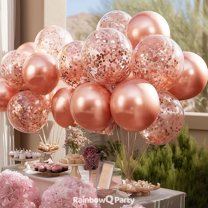 RainbowQ Metallic Rose Gold Balloons 55Pcs 12 Inch Confetti Helium | Chrome - Image 5
