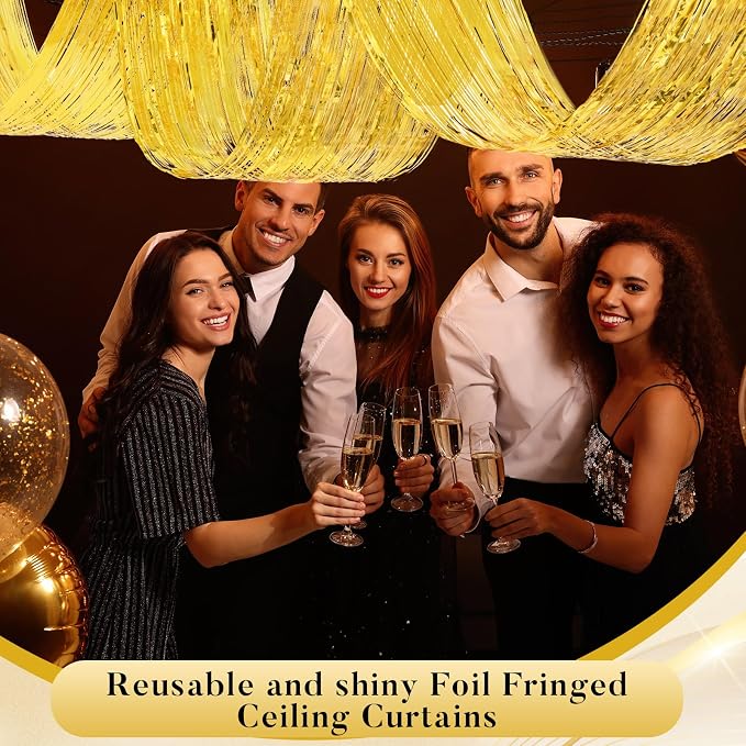 4 Pcs 15ft Gold Metallic Foil Ceiling Fringe Curtains, Party Decor Fringe Drapes - Image 4