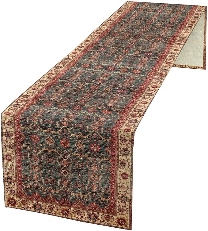 Vintage Boho Floral Table Runner, Rustic Country Farmhouse Red Teal Retro Flower Pattern for Home Kitchen Table Decor Dining Coffee Room Party Decor 13x72in