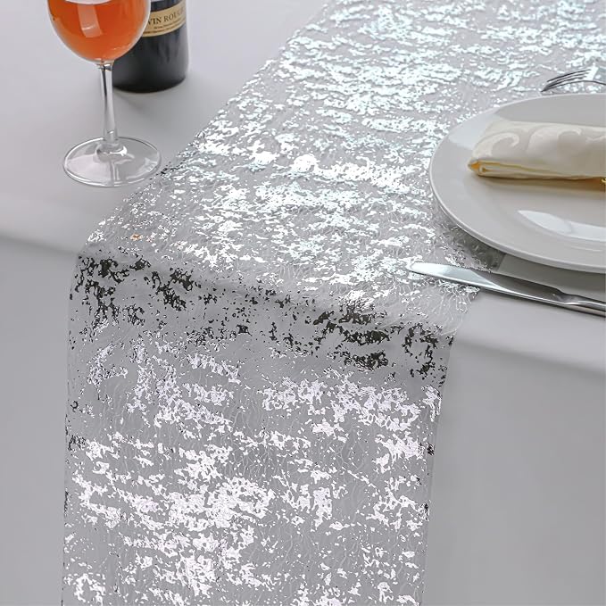 Snowkingdom Silver Table Runner, Sequin Glitter Foil Metallic Mesh Runner Roll - Image 3
